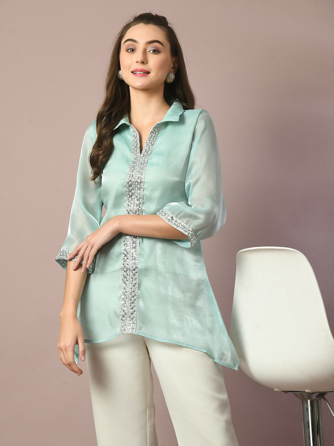 Myshka Women's Blue Solid Longline Party Tunic