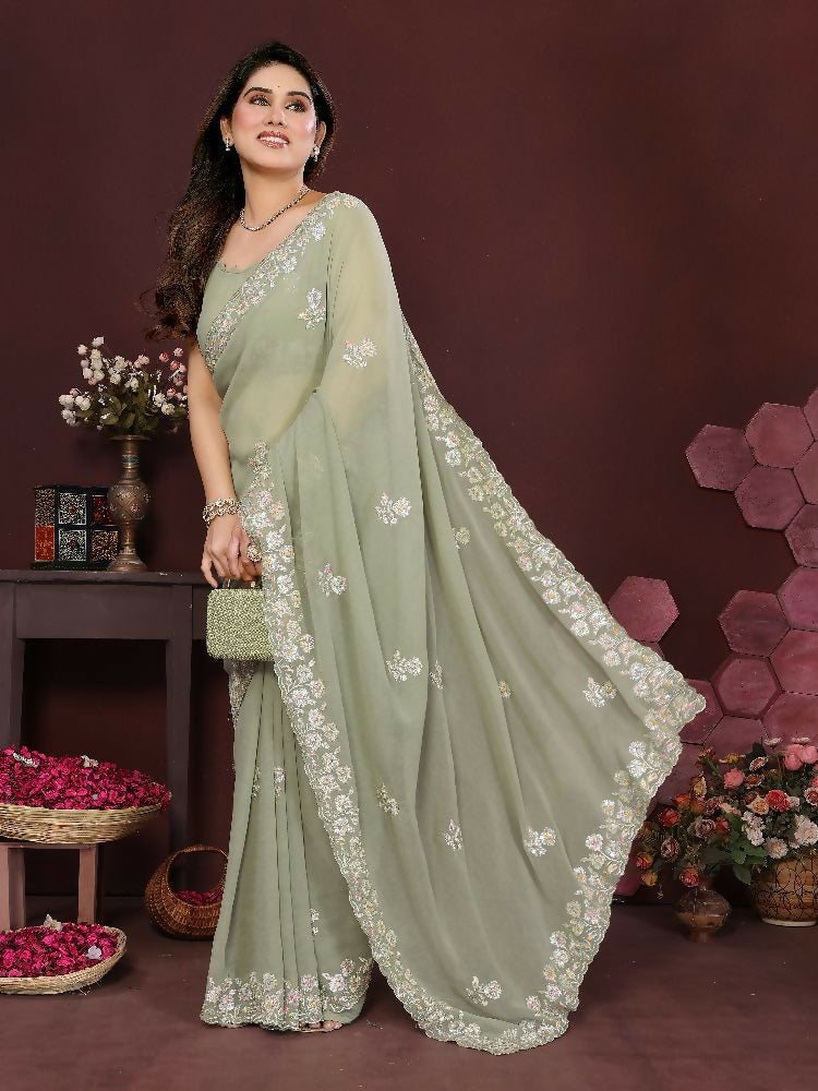 PR Fashion Pista Georgette Embroidery Work With Embroidery Work Blouse Saree