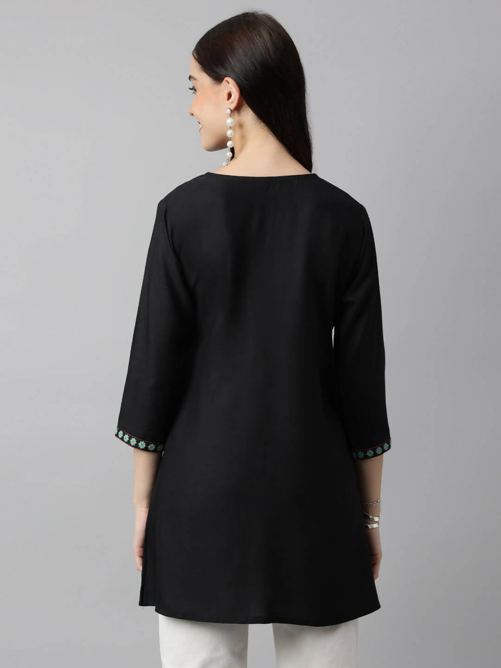 Black Poly Cotton Yoke Printed A-line Top - Bosky