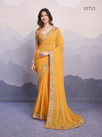 Yellow Georgette Bandhani Printed,Embroidery Work Saree - Surkhi