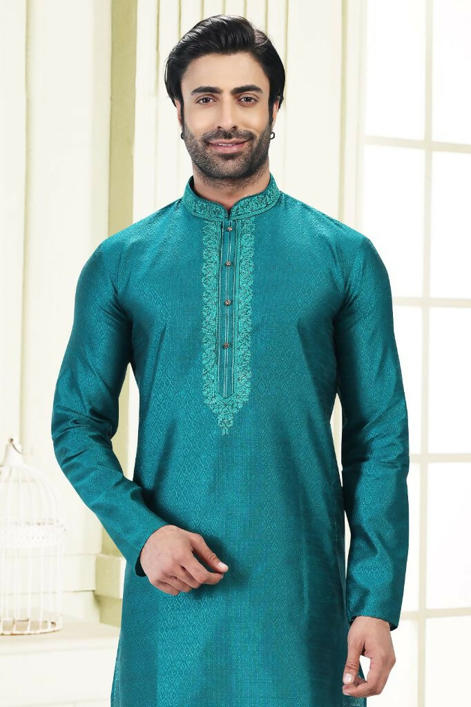 Raivat Ethnic Jacquard Banarasi Silk Thread Work Kurta Pajama In Blue Colour - Distacart