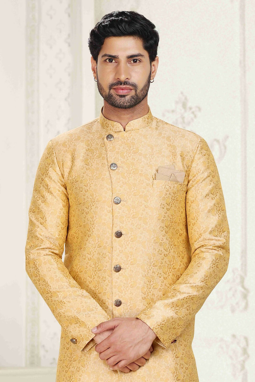 Raivat Ethnic Banarasi Jacquard Embroidery Semi Indo Western Sherwani In Cream Beige Colour