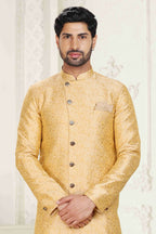 Raivat Ethnic Banarasi Jacquard Embroidery Semi Indo Western Sherwani In Cream Beige Colour