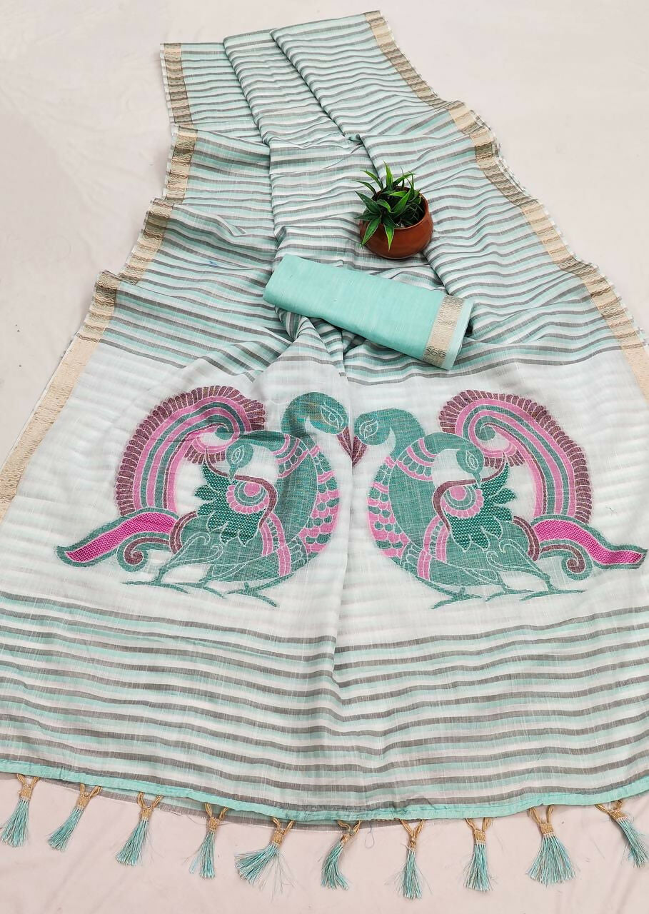 Vastranavya Sky Blue Linen Cotton Meenakari Weaving Pallu Saree with Contrast Blouse - Distacart