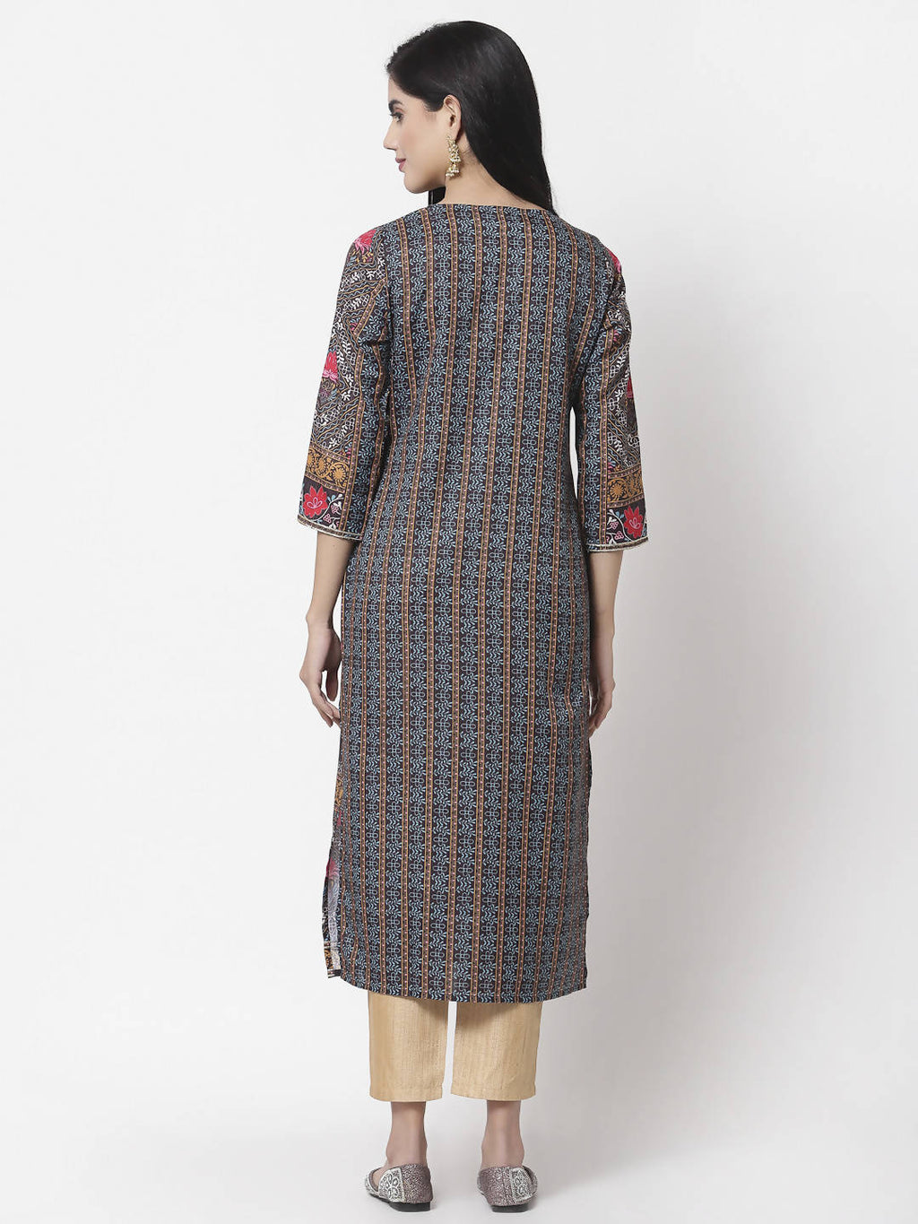 Myshka Women Multicolor Cotton Blend Printed 3/4 Sleeve Round Neck Kurta