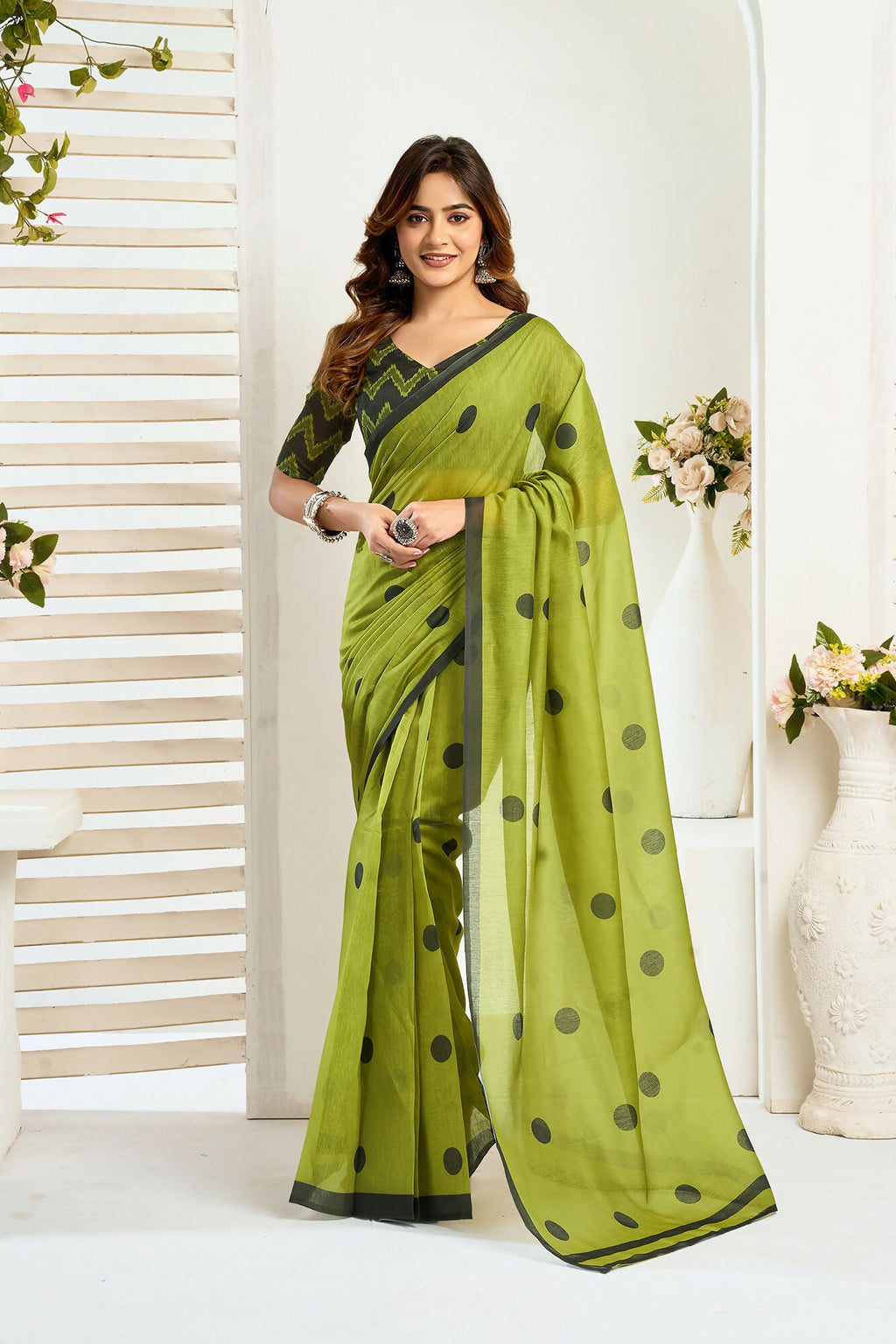Vastranavya Olive Digital Printed Linen Ready To Wear Designer Saree with Unstitched Blouse - Distacart