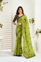 Vastranavya Olive Digital Printed Linen Ready To Wear Designer Saree with Unstitched Blouse - Distacart