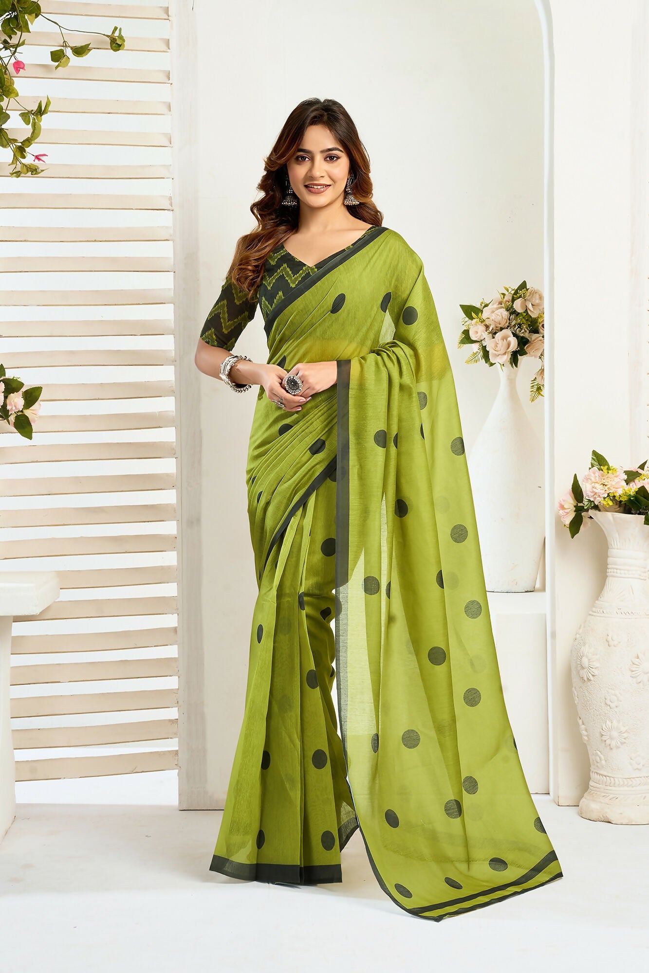 Vastranavya Olive Digital Printed Linen Ready To Wear Designer Saree with Unstitched Blouse - Distacart