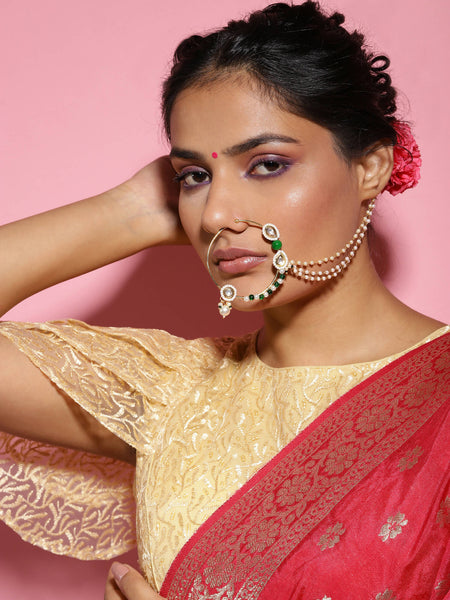 Gold-Polished White Green Kundan-Studded Pearl Beaded Nosepin - Ruby Raang