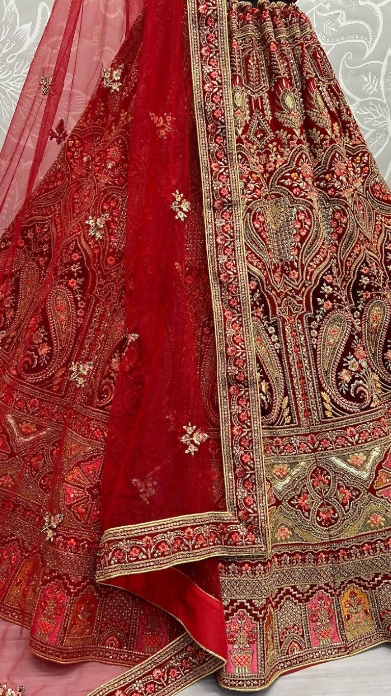 Jyoti Fashion Women's Red Velvet Multi Thread Embroidered with Zircon Diamond Wedding Lehenga Choli
