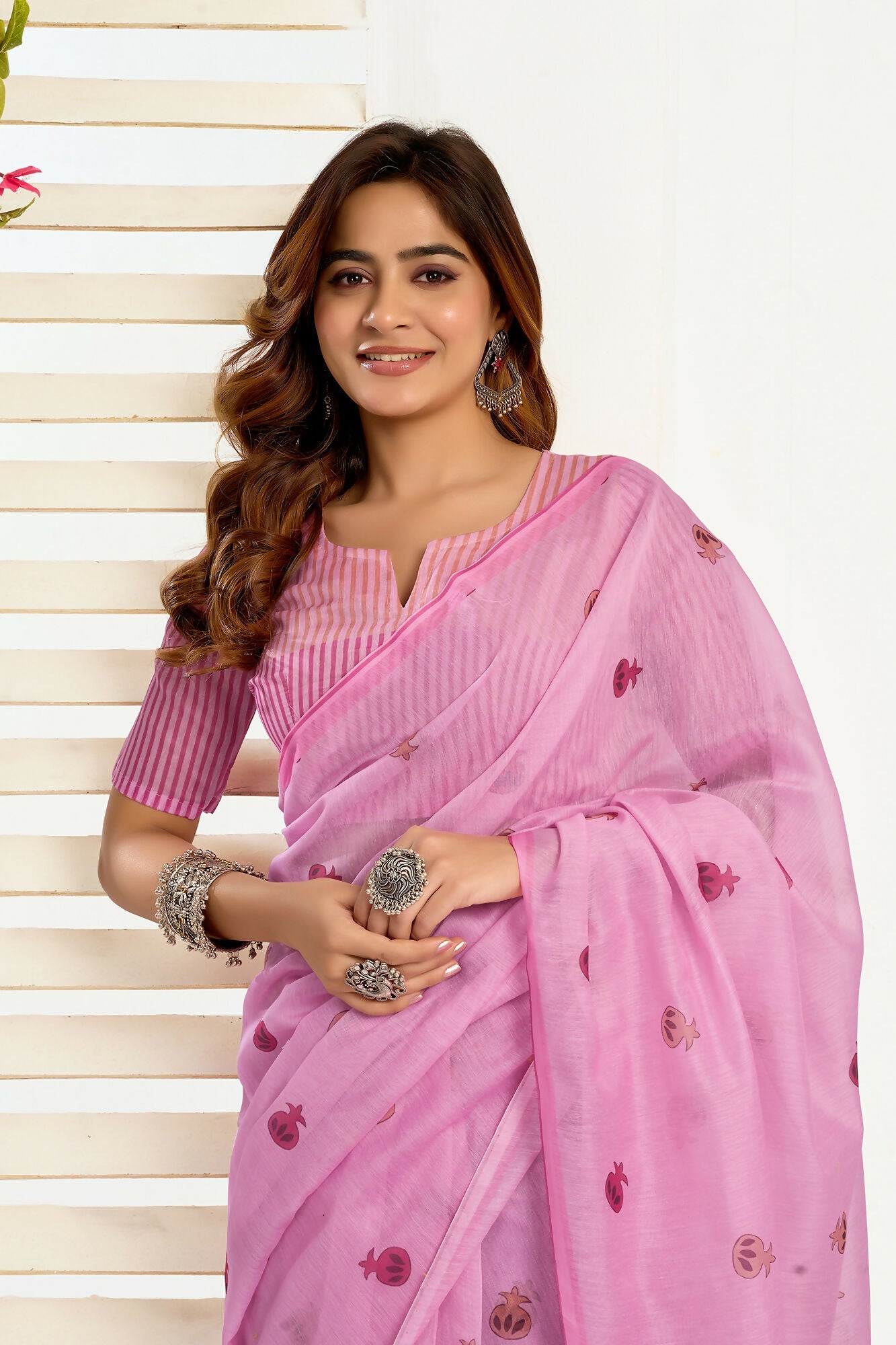 Vastranavya Baby Pink Digital Printed Linen Ready To Wear Designer Saree with Unstitched Blouse - Distacart