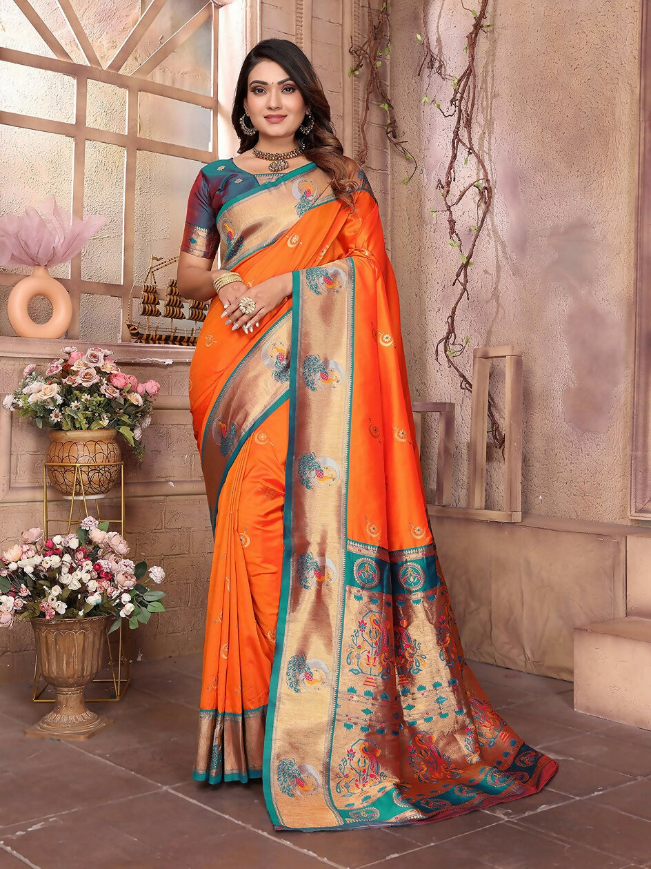 Joban Fashion Paithani Orange Woven Soft Silk Saree - Distacart