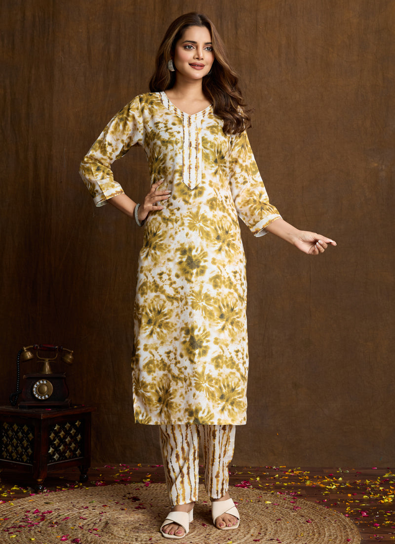 Prazu Fashion Cream Printed Cotton Blend Kurta Pant Set - Distacart