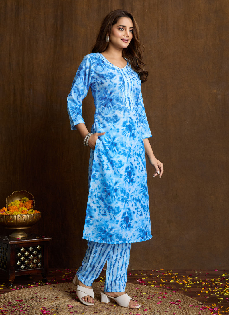Prazu Fashion Sky Blue Printed Cotton Blend Kurta Pant Set - Distacart