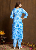 Prazu Fashion Sky Blue Printed Cotton Blend Kurta Pant Set - Distacart