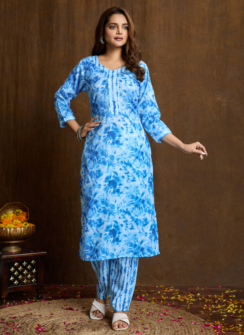 Prazu Fashion Sky Blue Printed Cotton Blend Kurta Pant Set - Distacart