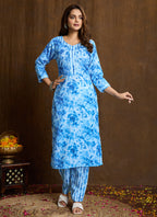 Prazu Fashion Sky Blue Printed Cotton Blend Kurta Pant Set - Distacart