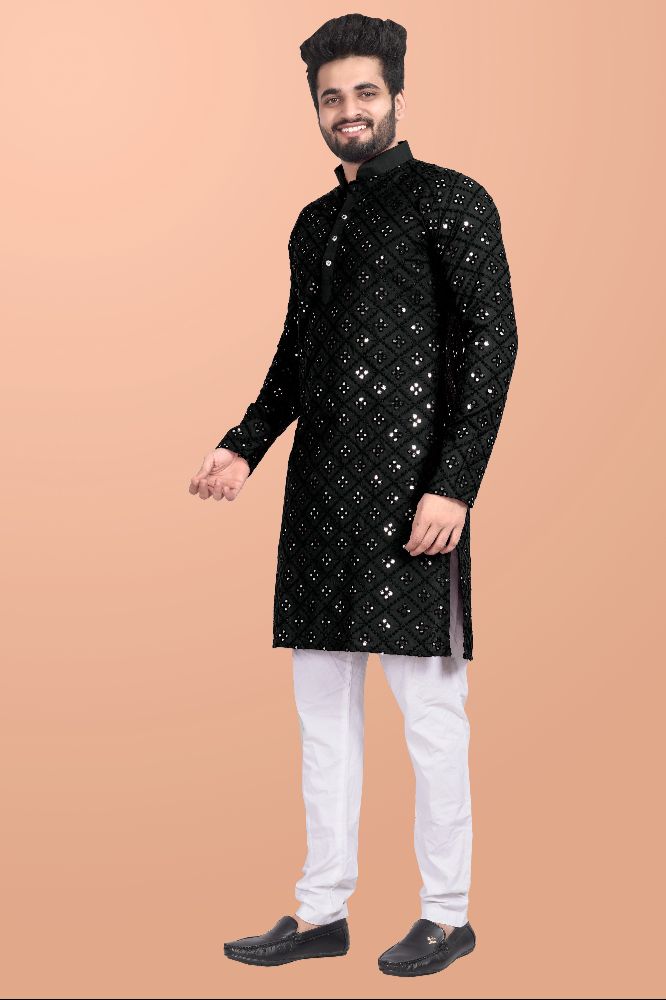 Neera Trendz Black Cotton Blend Mirror Work Men's Kurta With Pyjama