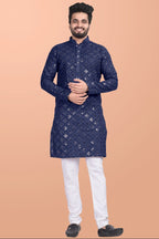 Neera Trendz Blue Cotton Blend Mirror Work Men's Kurta With Pyjama
