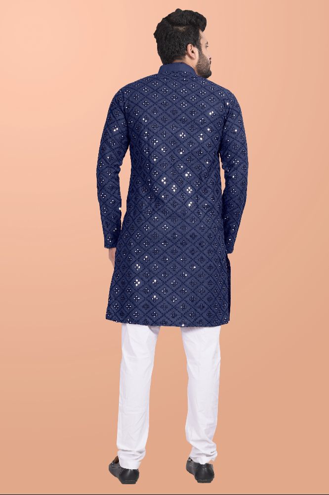 Neera Trendz Blue Cotton Blend Mirror Work Men's Kurta With Pyjama