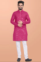 Neera Trendz Pink Cotton Blend Mirror Work Men's Kurta With Pyjama