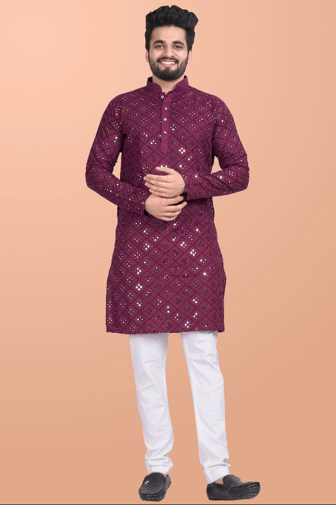 Neera Trendz Wine Cotton Blend Mirror Work Men's Kurta With Pyjama