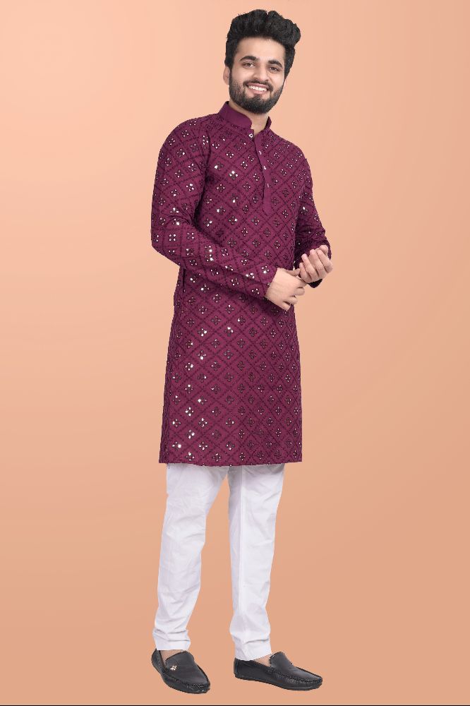 Neera Trendz Wine Cotton Blend Mirror Work Men's Kurta With Pyjama