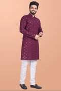 Neera Trendz Wine Cotton Blend Mirror Work Men's Kurta With Pyjama