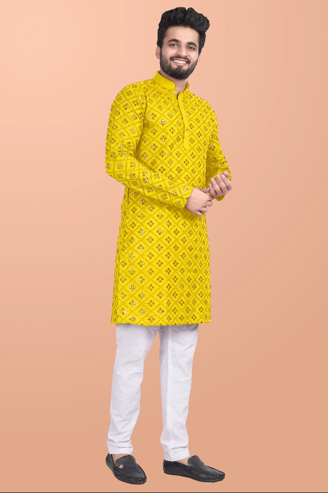 Neera Trendz Yellow Cotton Blend Mirror Work Men's Kurta With Pyjama