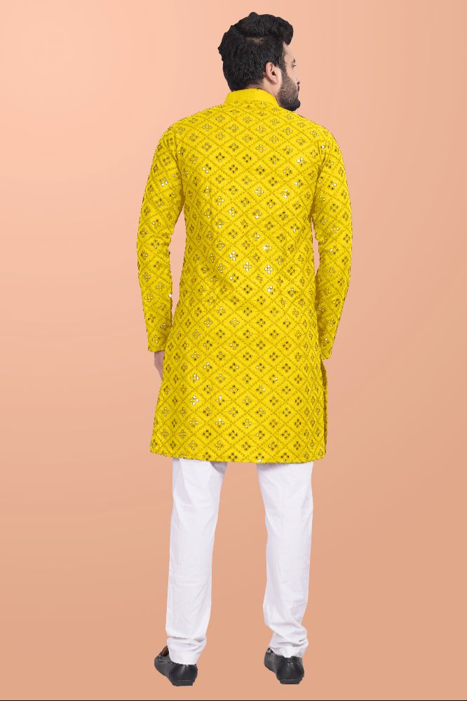 Neera Trendz Yellow Cotton Blend Mirror Work Men's Kurta With Pyjama
