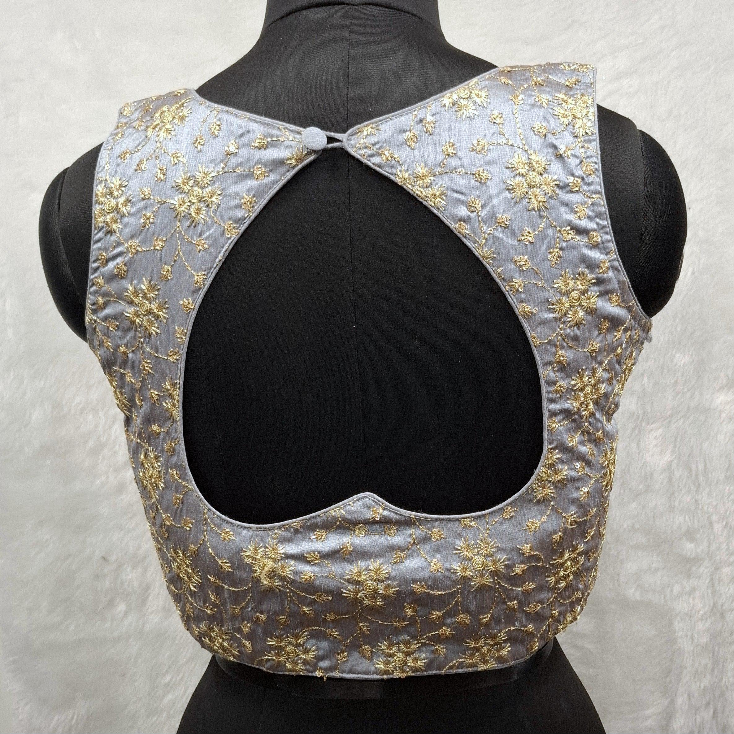 Kia Fashions Ash Grey Golden All Over Embroidered Readymade Blouse - Distacart