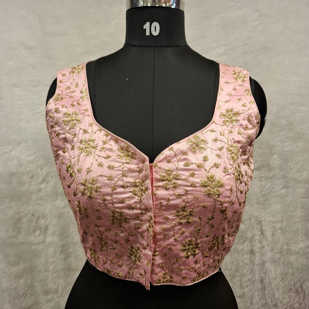 Kia Fashions Baby Pink Golden All Over Embroidered Readymade Blouse - Distacart