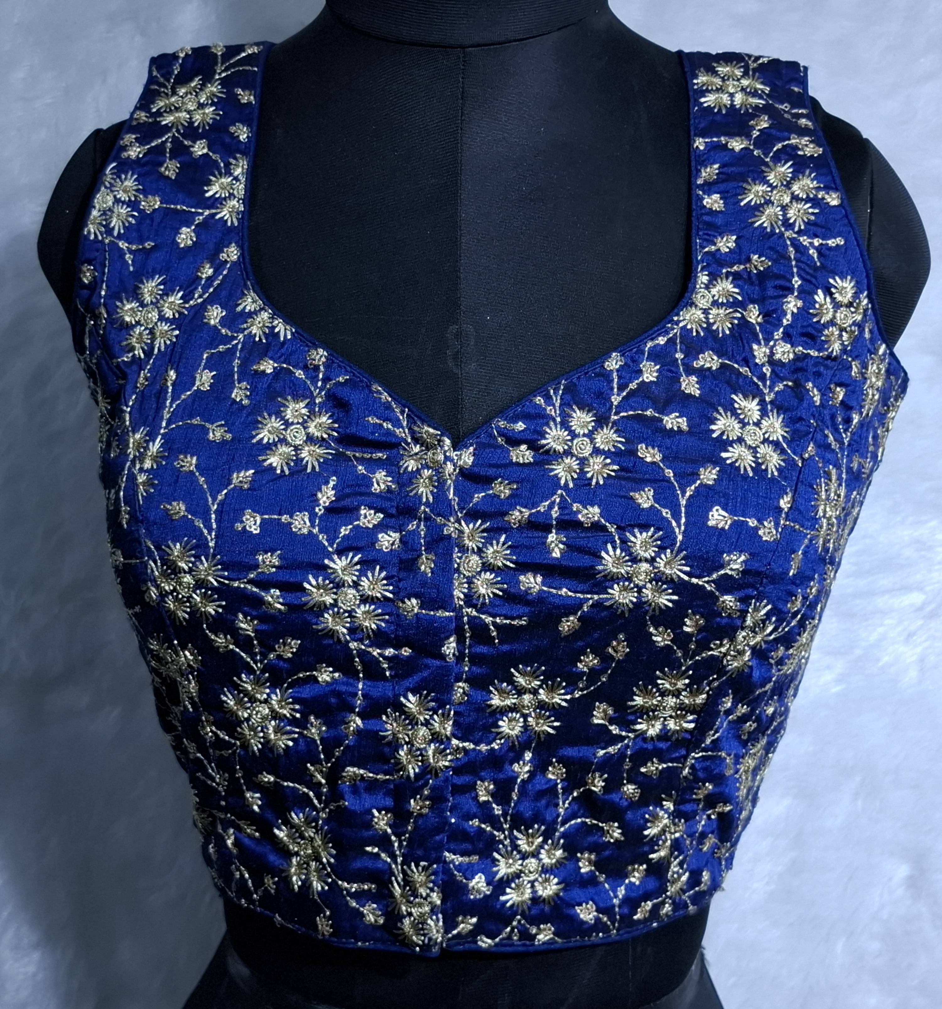 Kia Fashions Cobalt Blue Golden All Over Embroidered Readymade Blouse - Distacart