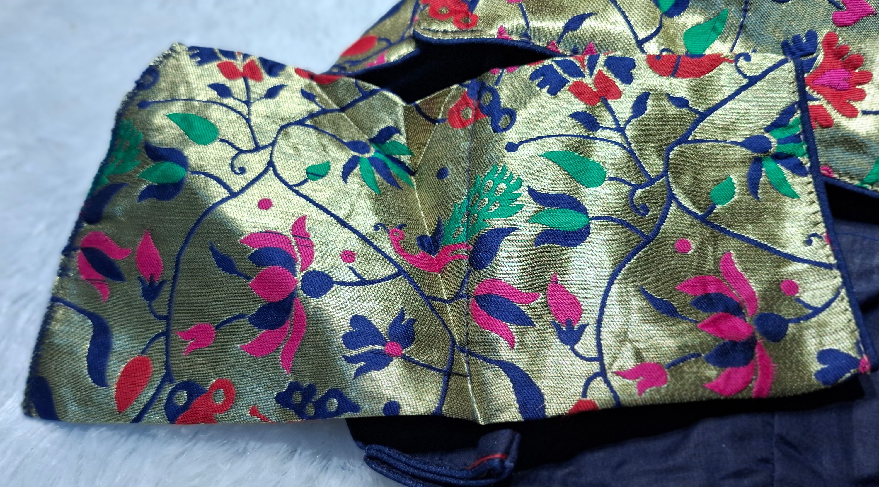 Kia Fashions Navy Blue Jacquard Weave Multi Color Paithani Readymade Blouse - Distacart