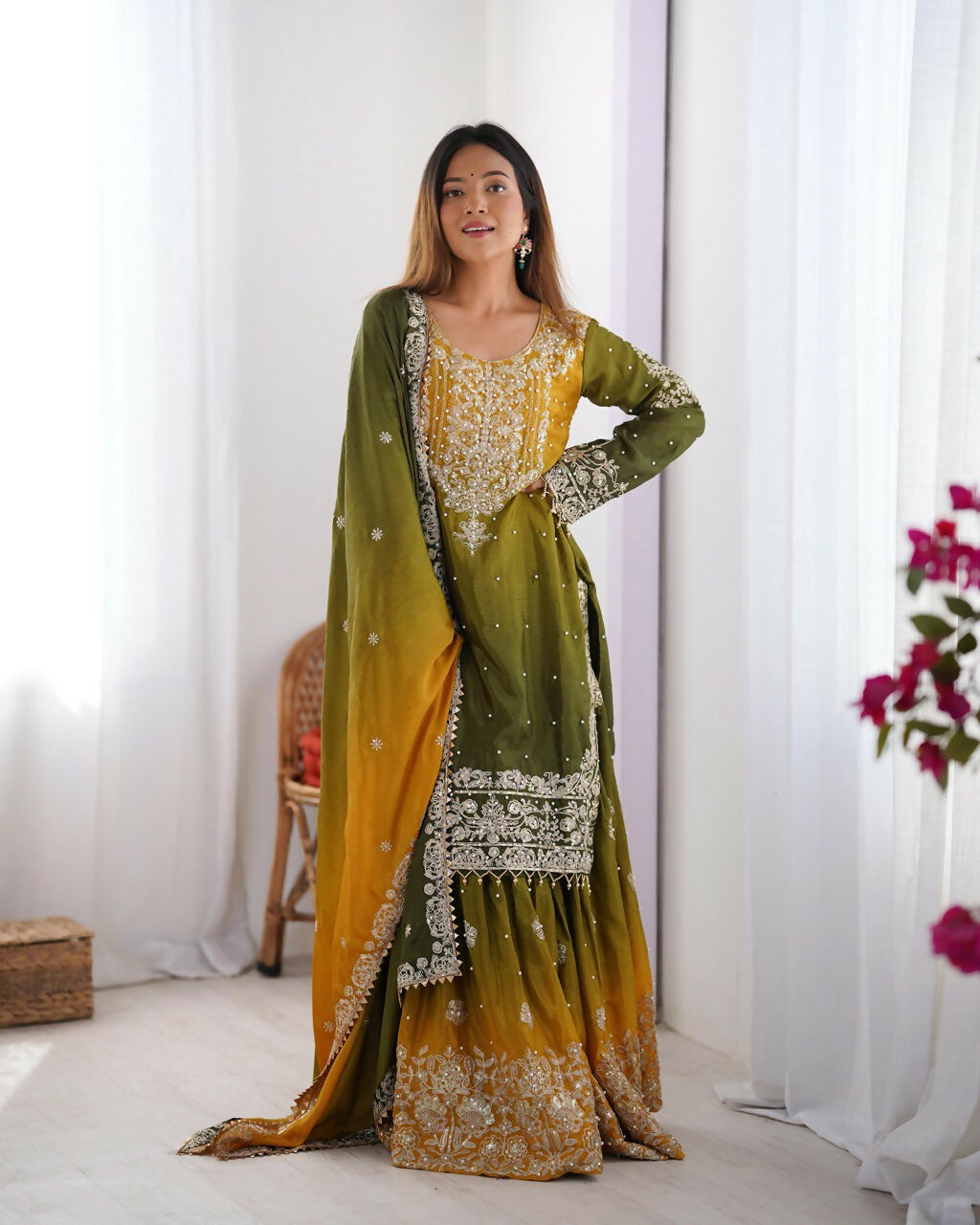 The52 Women's Beautiful Chinon silk Fabric Embroidery Work Straight Kurta Palazzo and Dupatta Set - Distacart