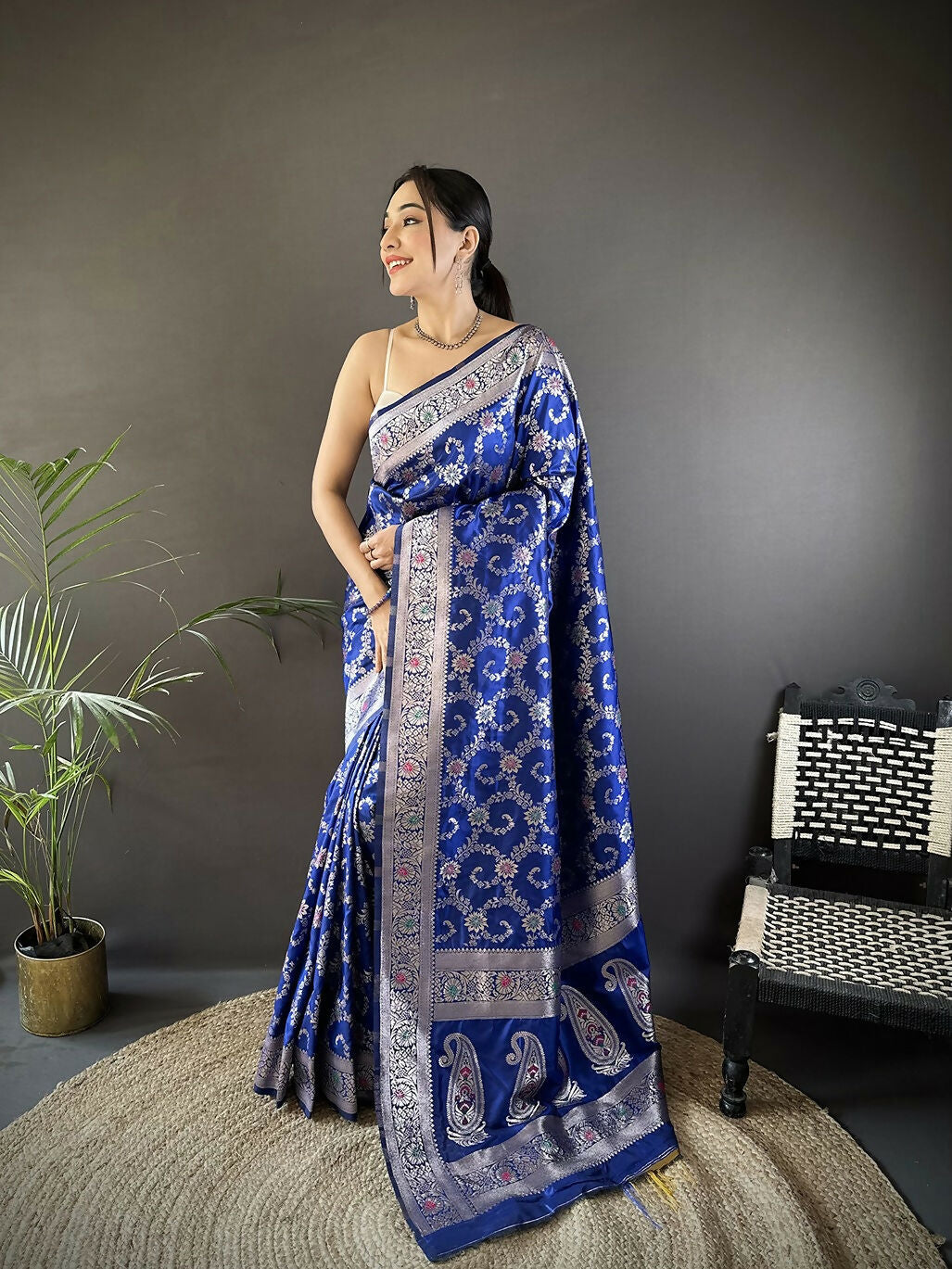 Joban Fashion Royal Blue Meenakari Banarasi Silk Sarees