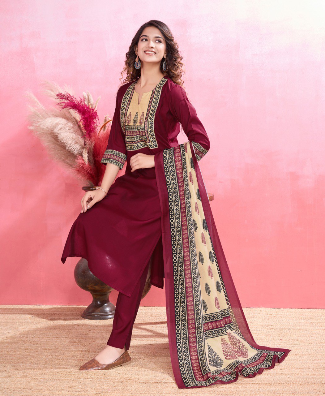 Prazu Fashion Maroon Viscose Silk Printed Kurta Set - Distacart