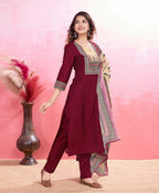 Prazu Fashion Maroon Viscose Silk Printed Kurta Set - Distacart
