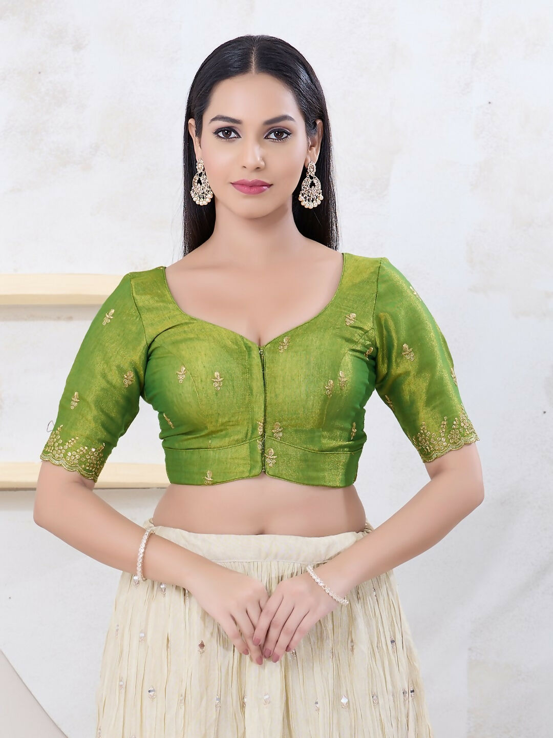 Joban Fashion Green Shimmer Elbow Sleeveless Front Open Blouse
