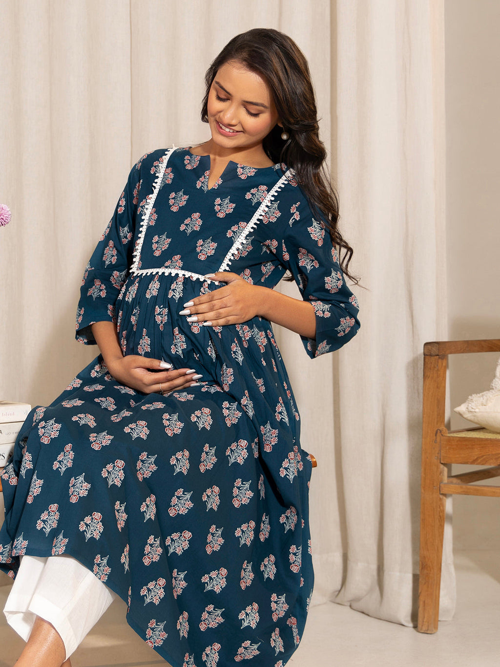 Janasya Teal Cotton Floral Fit & Flare Kurta - Distacart