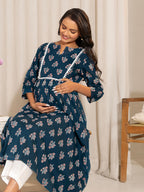Janasya Teal Cotton Floral Fit & Flare Kurta - Distacart