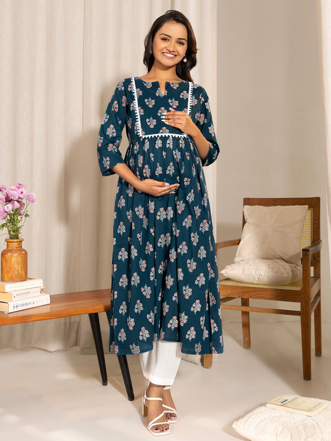 Janasya Teal Cotton Floral Fit & Flare Kurta - Distacart