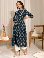Janasya Teal Cotton Floral Fit & Flare Kurta - Distacart