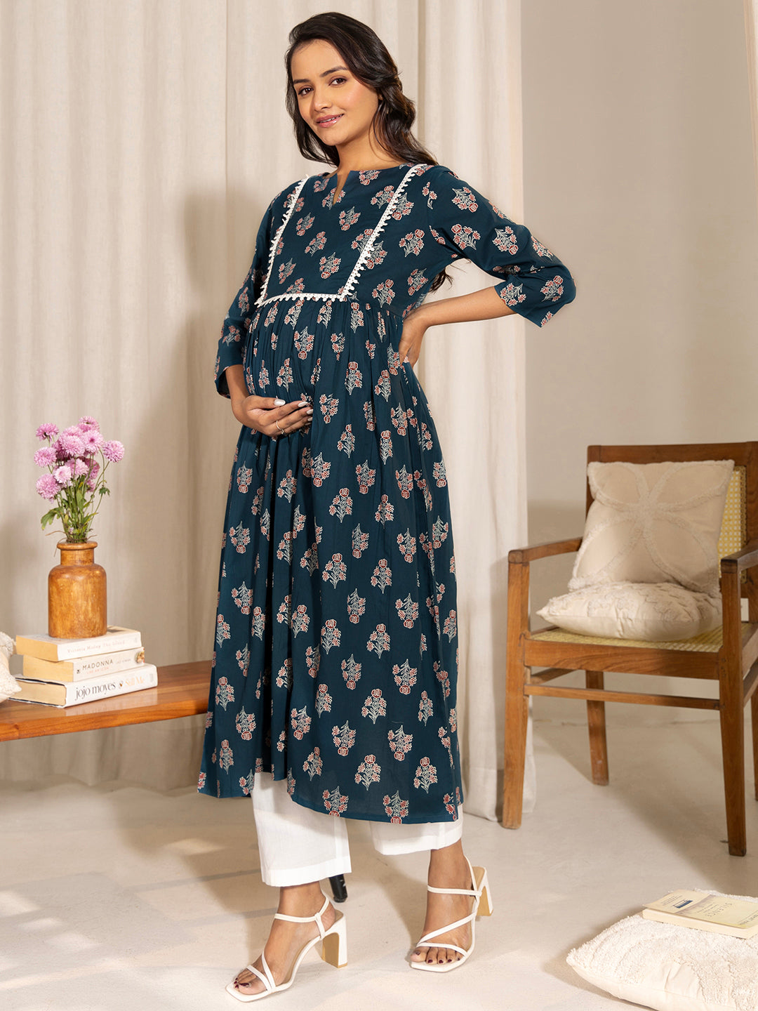 Janasya Teal Cotton Floral Fit & Flare Kurta - Distacart