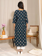 Janasya Teal Cotton Floral Fit & Flare Kurta - Distacart