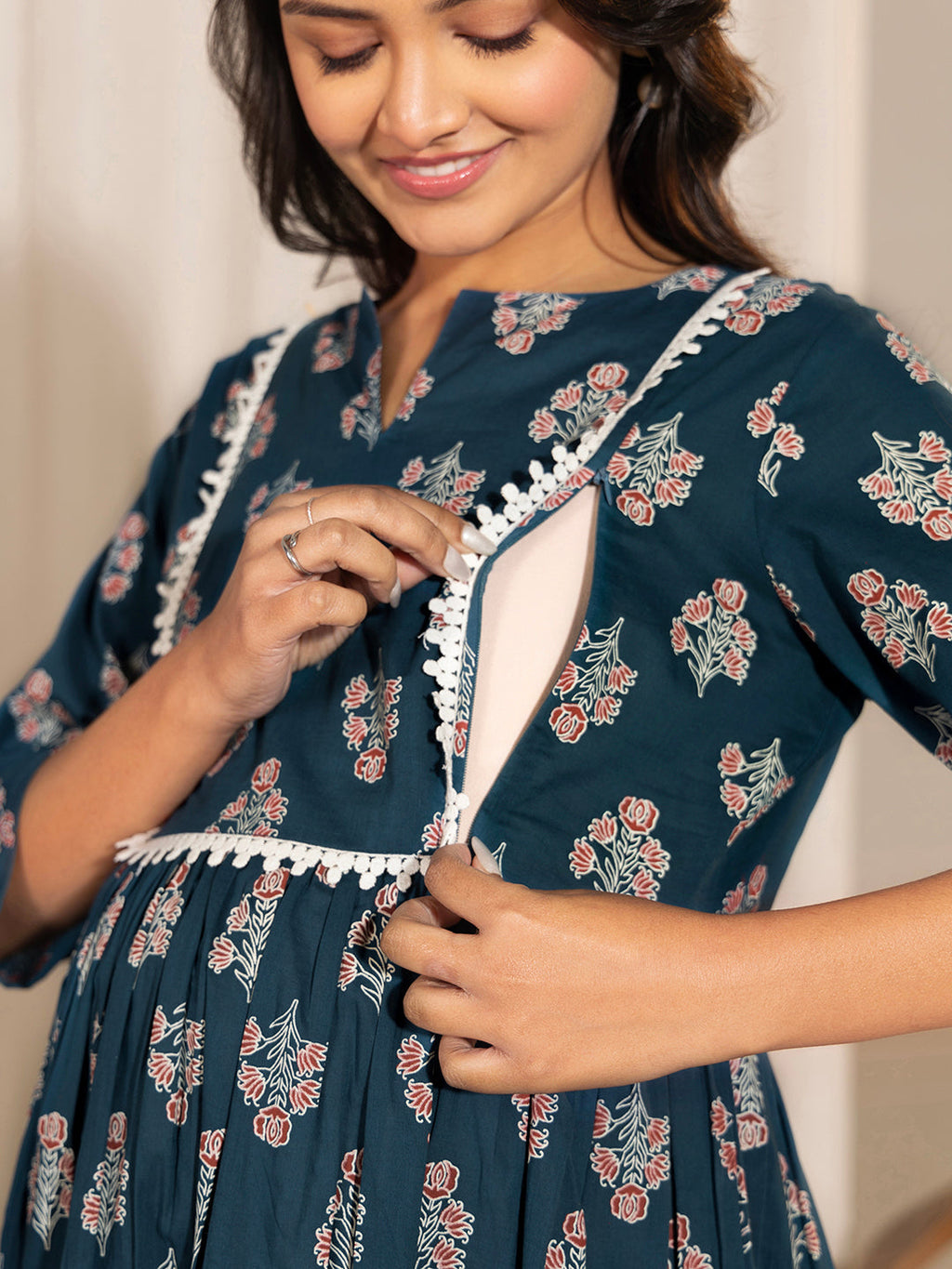 Janasya Teal Cotton Floral Fit & Flare Kurta - Distacart