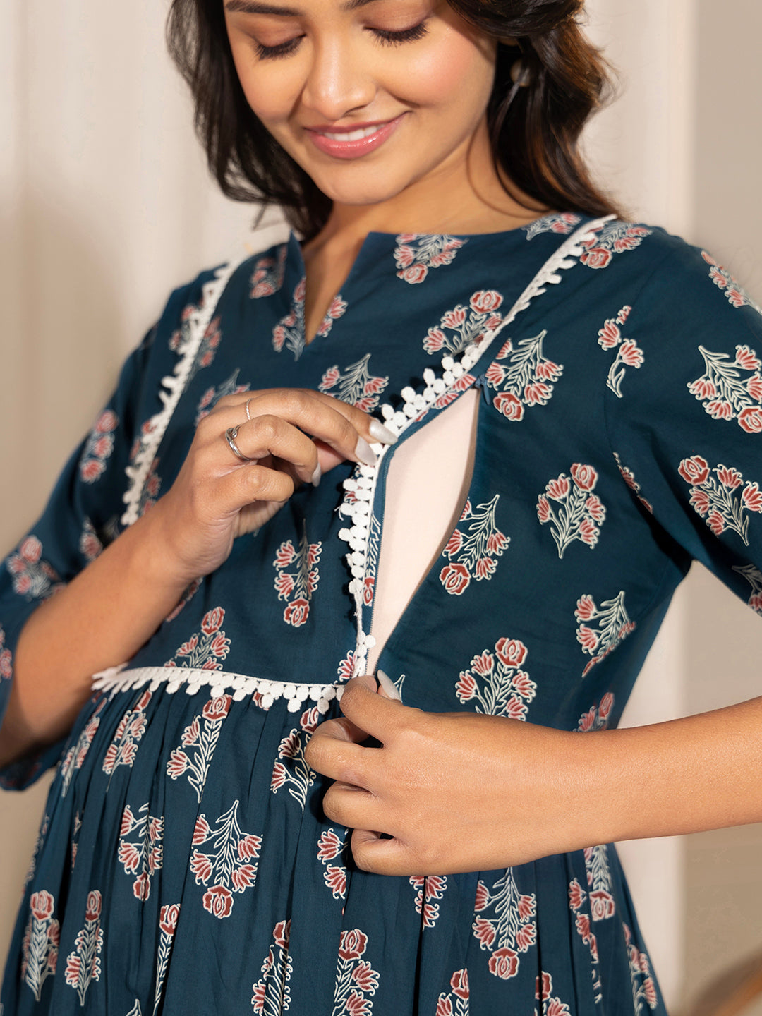 Janasya Teal Cotton Floral Fit & Flare Kurta - Distacart