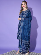 Vamika Poly Rayon Printed Royal Blue Party Wear/Casual Wear/Office Wear Kurta Set/Suit
