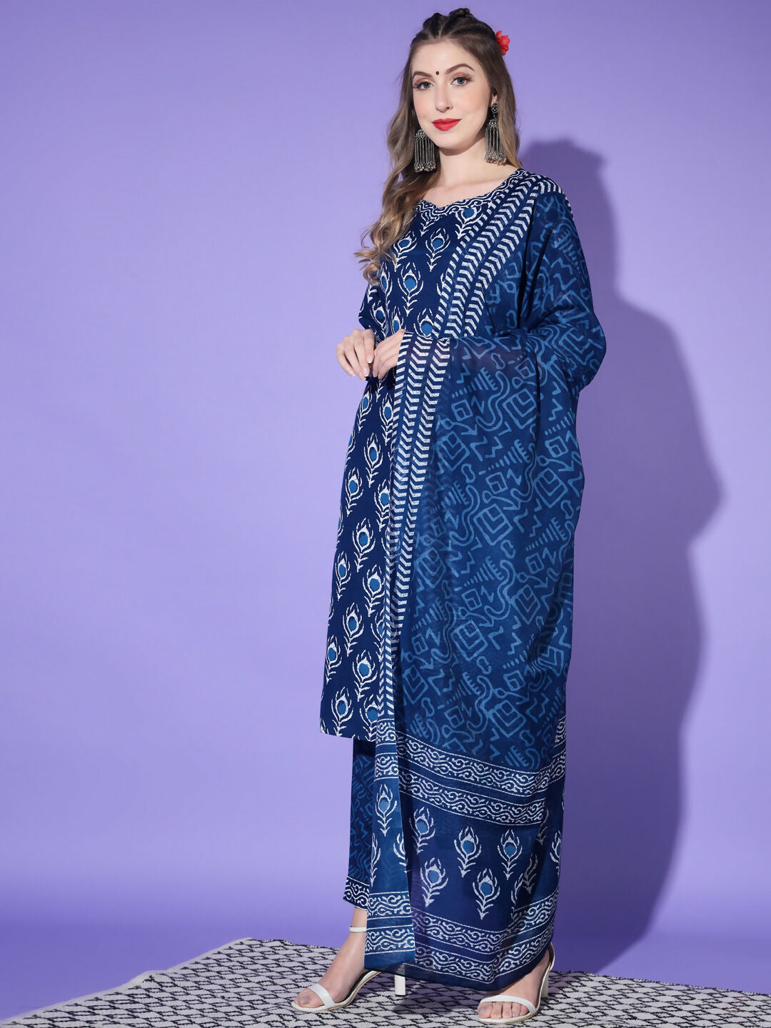 Vamika Poly Rayon Printed Royal Blue Party Wear/Casual Wear/Office Wear Kurta Set/Suit
