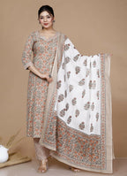 Miravan Women's Brown Floral Printed Gotta Patti Kurta With Palazzo And Dupatta Set